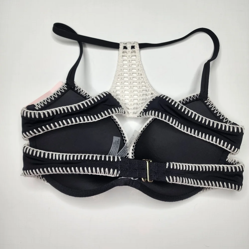 NEW Victorias Secret Bikini Top 34D Carova Crotchet Black Racerback Pushup